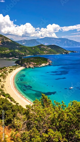 Stunning aerial view of a curved sandy beach and turquoise bay, framed by green hills, under a blue sky with fluffy clouds