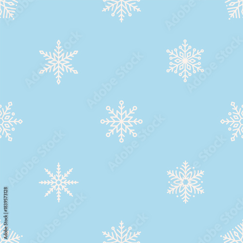 Seamless pattern with cute minimalist snowflakes. Gentle winter holiday design for Christmas, New Year. Perfect for banner, wallpaper, wrapping paper, background, card, poster. Vector illustration