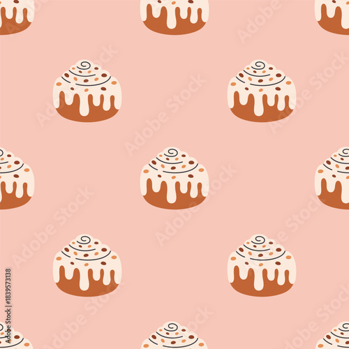 Seamless pattern with cute cinnamon roll with sugar glaze and chocolate. Swirl cinnamon bun. Perfect for banner, wallpaper, wrapping paper, background, card, poster. Vector illustration