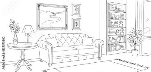 Traditional Living Room Line Art: Detailed Interior Vector with Tufted Sofa, Paintings, and Potted Plants for Coloring or Illustration