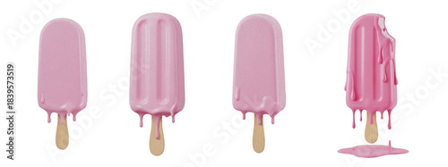 Collection Of Pink ice cream on stick melting 3d rendering isolated on transparent background, PNG 