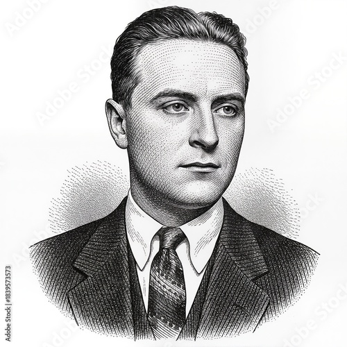 Black and white vintage engraving, close-up headshot portrait of F. Francis Scott Key Fitzgerald, the famous historical American novelist, essayist, and short story writer, white background, greyscale