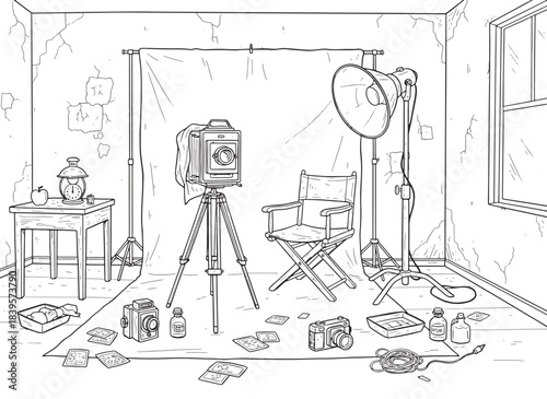 Vintage Photography Studio Line Art: Retro Darkroom Interior Vector with Large Format Camera and Equipment for Nostalgic Coloring Pages