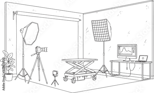 Modern Photo Studio Setup: Line Art Vector of Professional Camera, Softboxes, and Backdrop for Coloring Pages and Photography Graphics