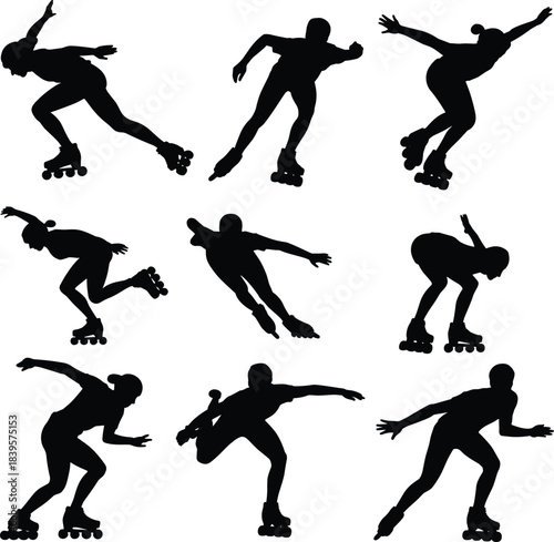 Roller skating athlete silhouettes in dynamic action poses, vector illustration set for fitness, sports training, skating performance, speed skating, dance moves, and active lifestyle designs