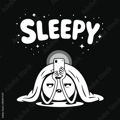 Tired character illuminated by phone screen at night struggling to sleep