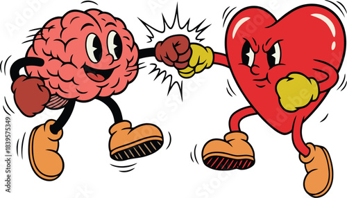 Cartoon Brain and Heart Boxing Match for Decision Making New  Concept vector illustration 