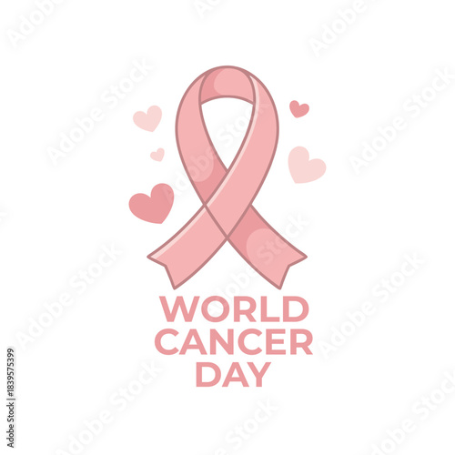 Pink ribbon symbol for world cancer day with hearts representing hope and awareness