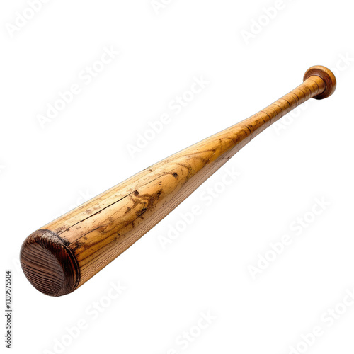 A wooden baseball bat isolated on a solid black background.