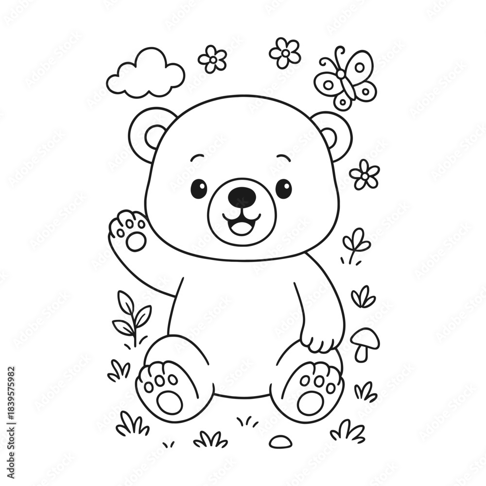 Obraz premium cute bear coloring page for kids with flowers and a butterfly