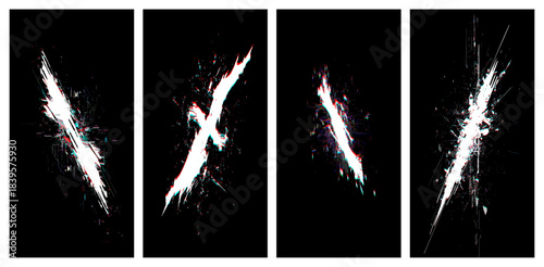 Dynamic glitch style digital artwork with jagged distorted lines and bold contrasting colors on a deep black background
