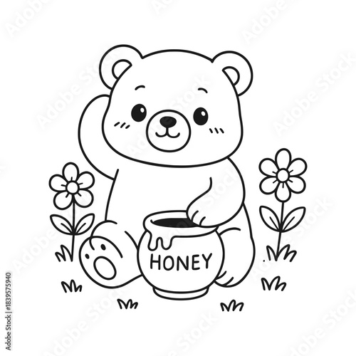 Cute sun bear cub with a honey pot and flowers coloring page