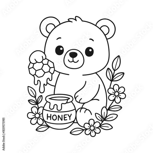 Sun bear cub with a honey pot and flowers coloring page