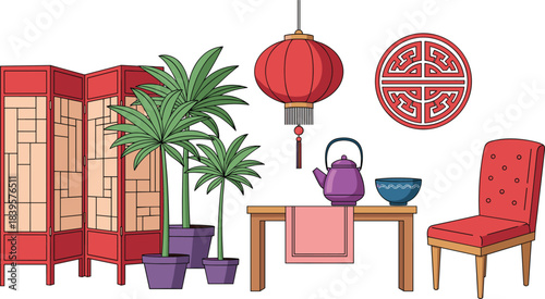 Hand-Drawn Cartoon Illustration of Traditional Chinese Interior Design, Featuring Red Screen, Plants, Oriental Lantern, Teapot, and Chair, Elegant Asian Living Room Decoration Vector