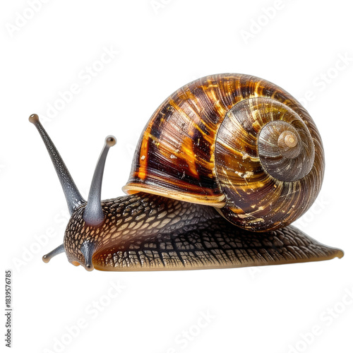 A macro photograph captures a garden snail with a beautifully patterned brown and orange shell against a stark black background.