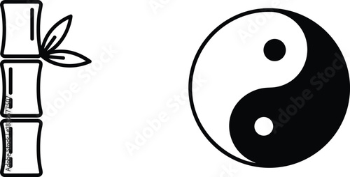 Minimalist Black and White Line Art Icon Set with Bamboo Stalk and Yin Yang Symbol, Representing Balance, Zen, Nature, Harmony, Spirituality, Oriental Culture, and Simple Design Vector
