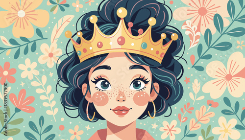 Birthday girl with a crown surrounded by flowers and a cheerful background
