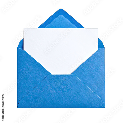 A vibrant blue open envelope revealing a blank white card against a black background.