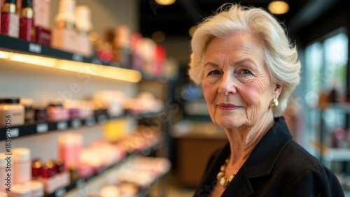 Elderly woman posing in front of shelves with perfumes and cosmetic products in a store. For skincare brands, perfume shop displays and mature audience content