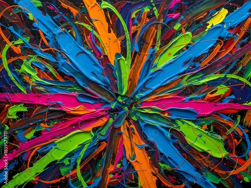 Vibrant abstract explosion of colorful textured paint streaks, dynamic artistic expression