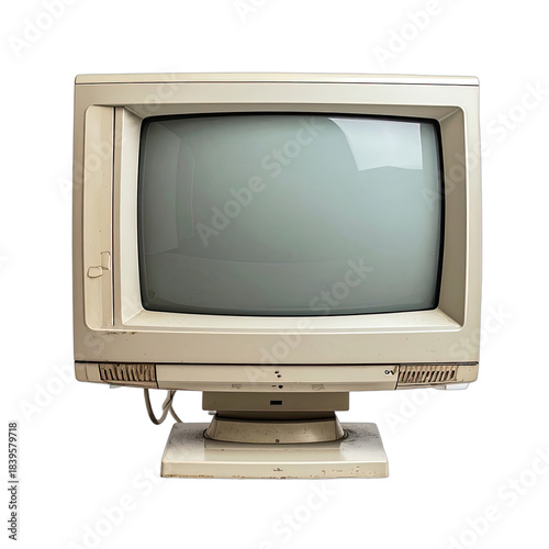 A vintage beige CRT computer monitor displayed against a stark black background.