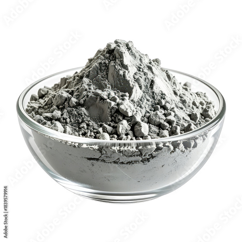 A glass bowl filled with a mound of grey, coarse powder against a black background.