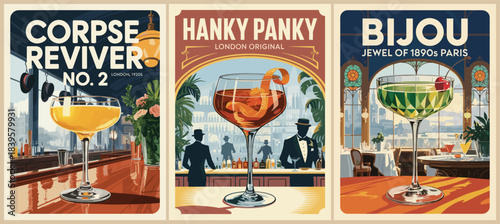 Retro triptych of Corpse Reviver No.2, Hanky Panky, and Bijou cocktails in elegant bar and restaurant settings with warm vintage color palettes