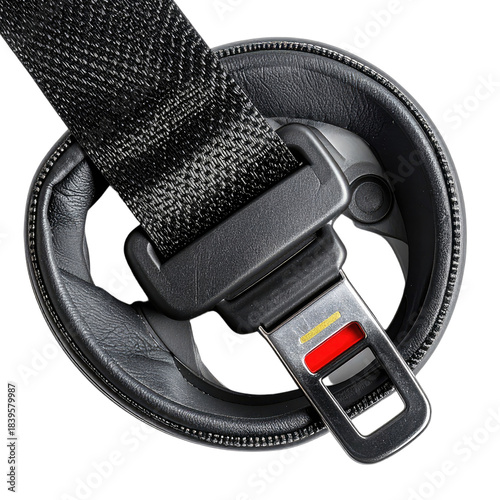 Close-up overhead shot of a modern black seatbelt buckle mechanism against a dark background.