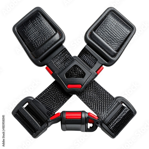 Close-up studio shot of crossed black safety harness buckles with red accents against a solid black background.
