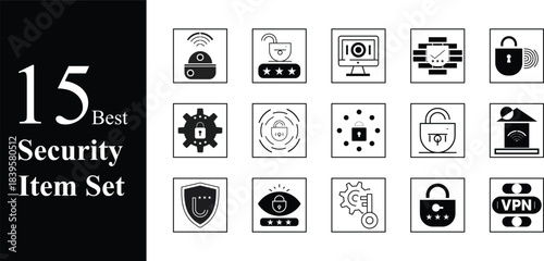Set of 15 Security Web Icons. Cybersecurity, Protection, Privacy, Safety etc.