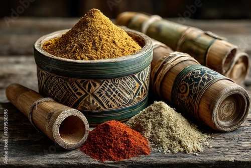 Fototapeta Naklejka Na Ścianę i Meble -  Bamboo mortar pestle traditional herbal spice powders high resolution picture