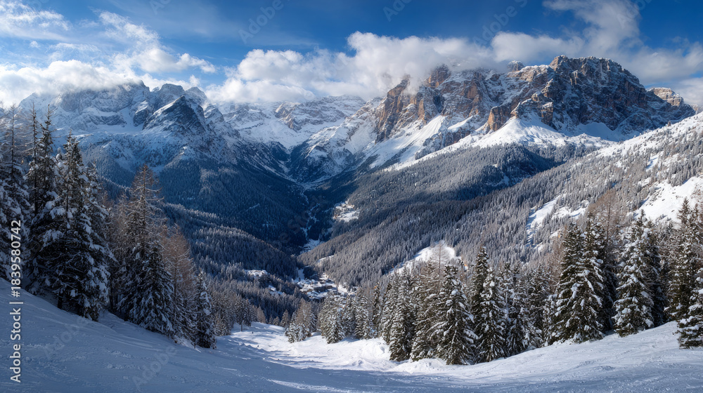 Fototapeta premium Madonna di Campiglio, a ski resort with a panoramic view of the Wisconsin