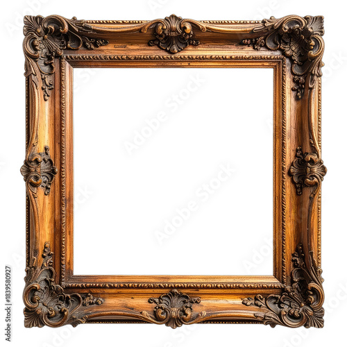 Ornate antique gold picture frame with black background cutout.
