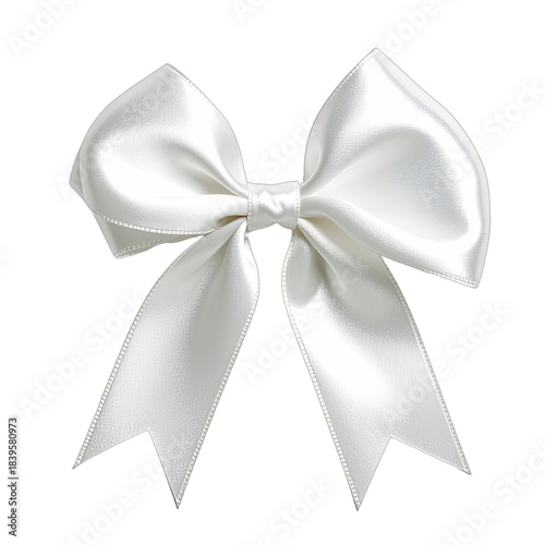 A photorealistic rendering of a shiny white satin bow against a solid black background.