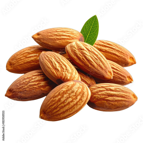 A close-up image of a pile of raw almonds with a single green leaf against a black background.