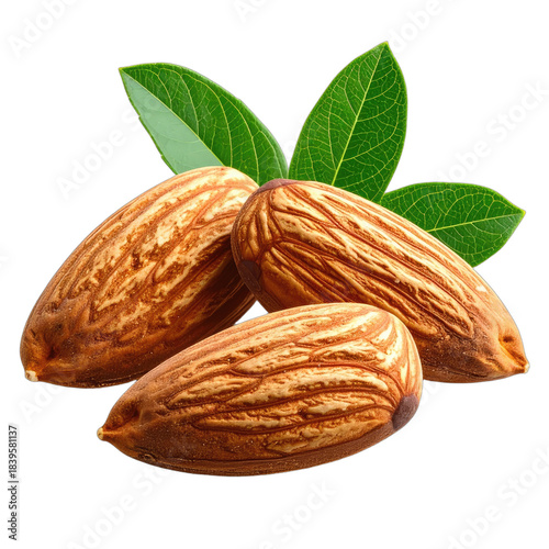 Three whole almonds with green leaves isolated on a black background.