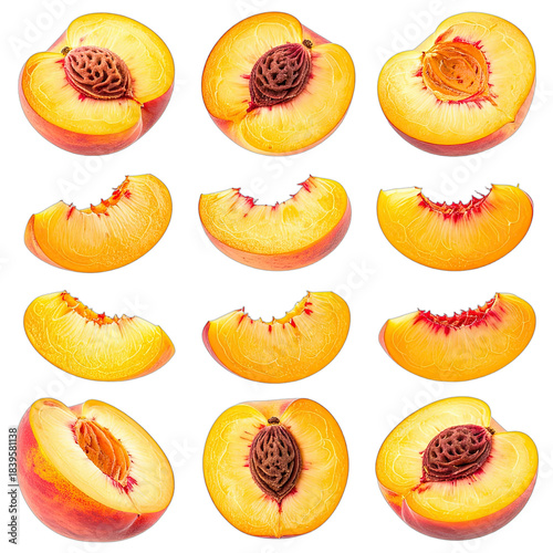 A vibrant collection of twelve peach halves and slices displayed against a stark black background.