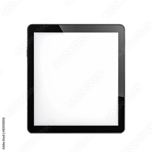 Black tablet with a blank white screen isolated on a black background.