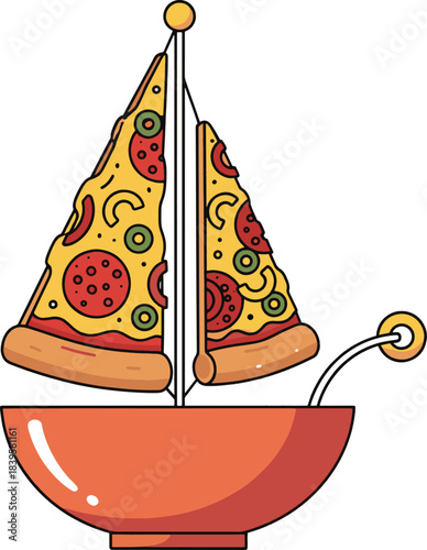 Funny pizza slice sailboat concept illustration for fast food delivery or italian cuisine adventure