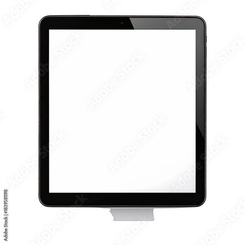 A modern tablet or all-in-one computer display with a blank white screen against a solid black background.
