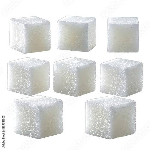 Seven individual white sugar cubes displayed against a solid black background.
