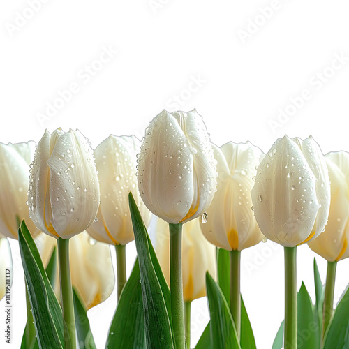 A close-up of pristine white tulips adorned with morning dew against a stark black background.