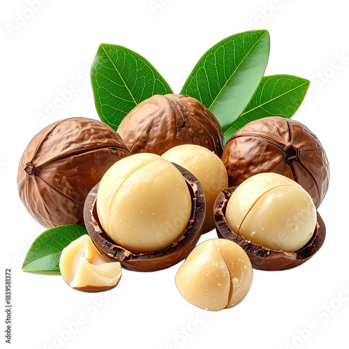 A close-up assortment of macadamia nuts, both shelled and in-shell, set against a stark black background with vibrant green leaves.