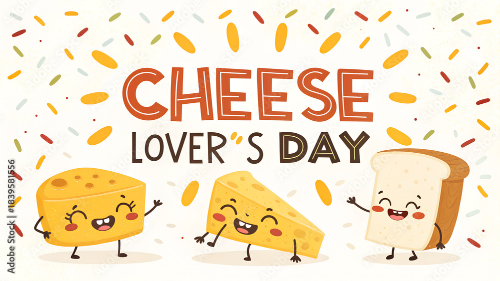 Fototapeta premium Cartoon characters celebrating Cheese Lover's Day with cheese and bread 