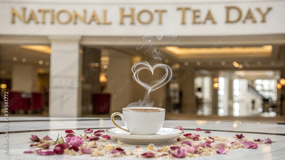 custom made wallpaper toronto digitalSteaming cup of tea with heart-shaped steam on flower petals  