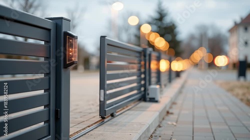 close up of an electric sliding gate in motion with an orange warning light illuminated as it opens along a residential driveway