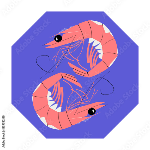 Stylized vector illustration of two shrimps on a bold blue background. Perfect for seafood branding, restaurant menus, packaging, coastal themes, market promotions and culinary design projects