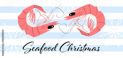 Festive seafood Christmas vector poster with two shrimps on a winter striped background. Perfect for holiday menus, restaurant promotions, coastal Christmas themes and culinary designs. Isolated
