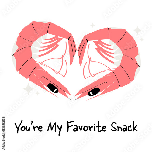 Cute Valentine’s Day card with two shrimps forming a heart shape. Playful seafood themed illustration perfect for romantic gifts, festive designs, packaging, menus and greeting cards