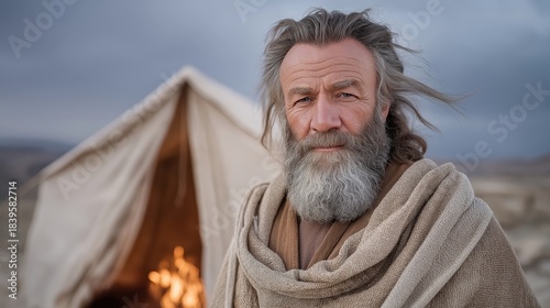 Jethro standing beside Moses’ tent at twilight, desert wind moving through his gray beard, simple shepherd cloak around him, fire embers glowing against the darkening sky.